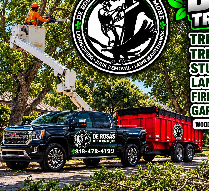 De Rosas crew trimming a tree with truck and trailer
